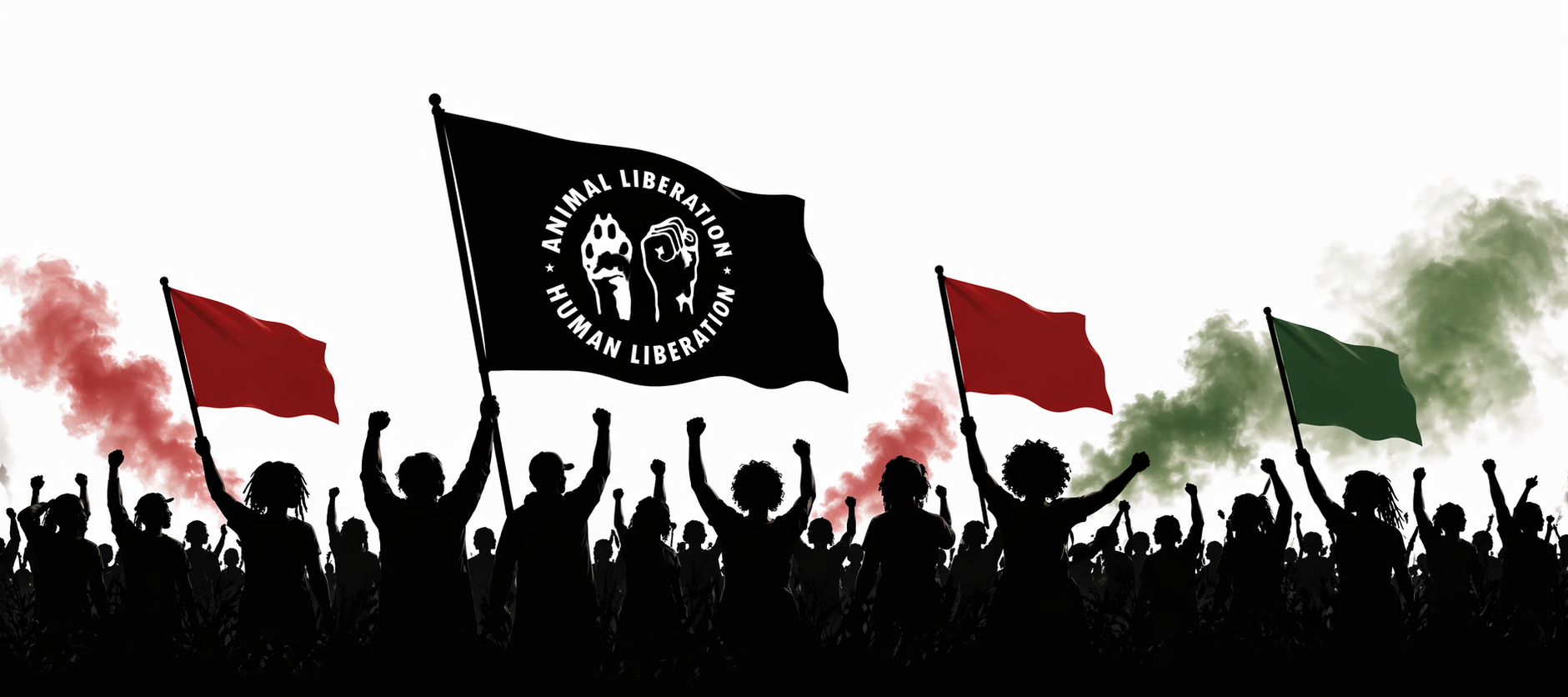 Silhouettes de manifestant·es brandissant des drapeaux pour la libération animale et humaine
